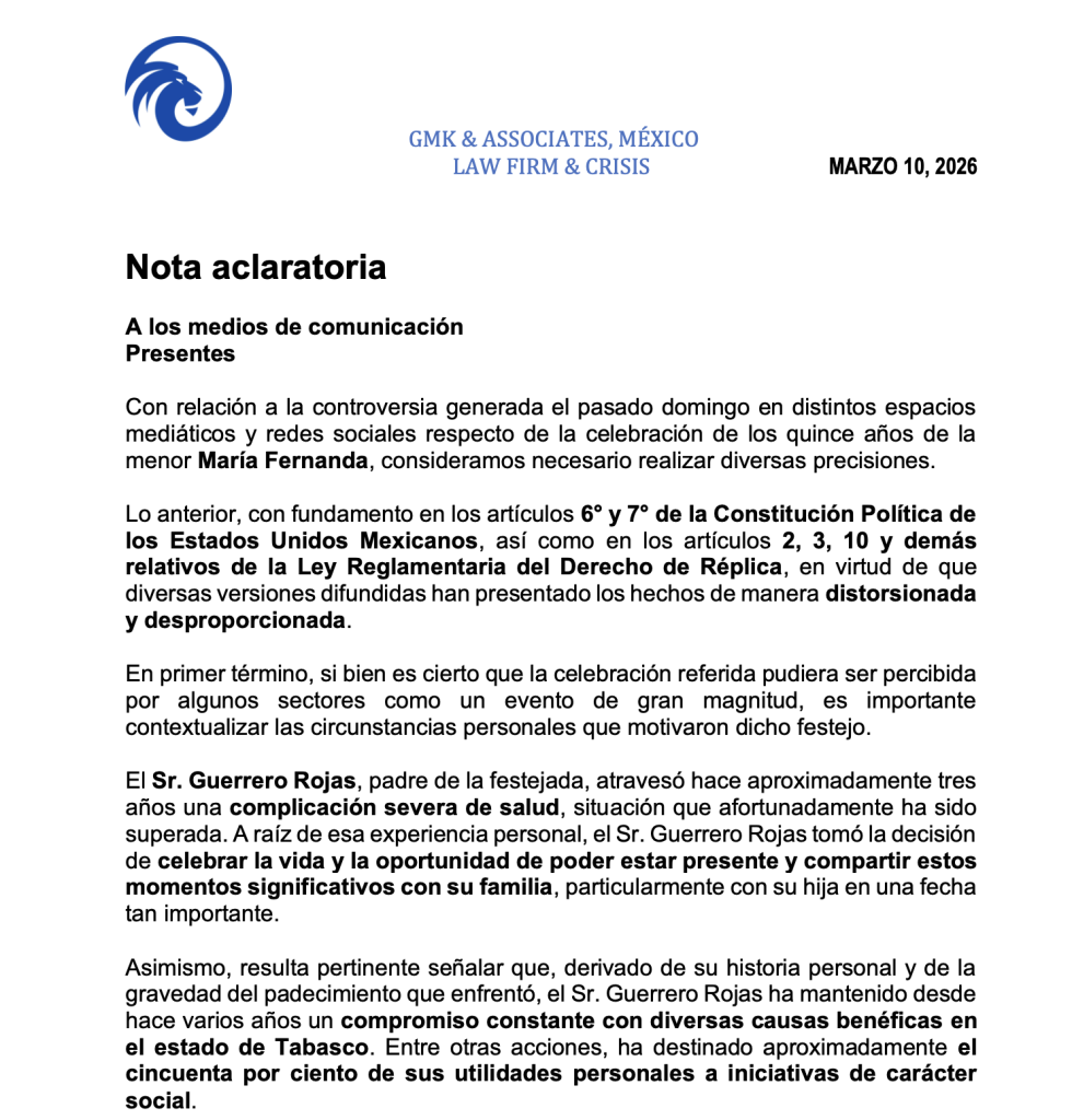 Captura del comunicado de Juan Carlos Guerrero Rojas, difundido por GMK & Associates México el 10 de marzo de 2026, sobre la polémica por los XV años de Mafer.